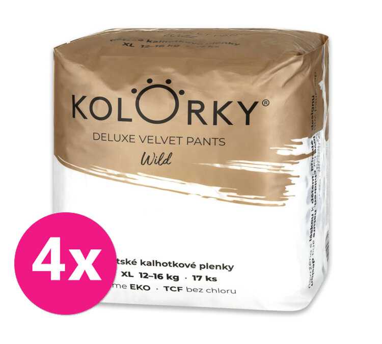 4x KOLORKY DELUXE VELVET PANTS Wild Kalhotky plenkové jednorázové eko XL (12-16 kg) 17 ks Kolorky