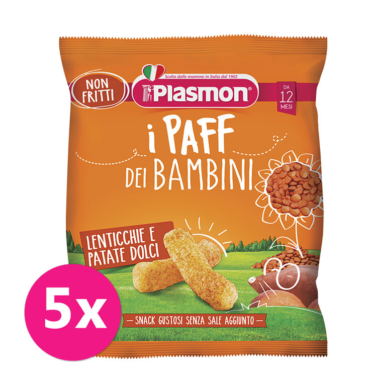 5x PLASMON Křupky zeleninové bezlepkové na cesty Paff 63% čočka a batáty 15g