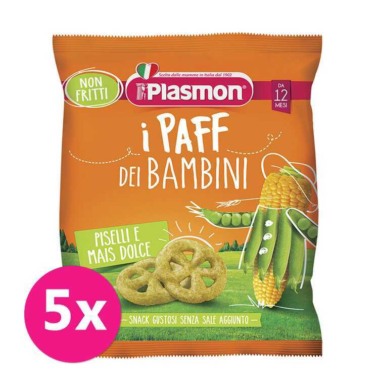 5x PLASMON Křupky zeleninové bezlepkové na cesty Paff hrášek 56% a kukuřice 15g