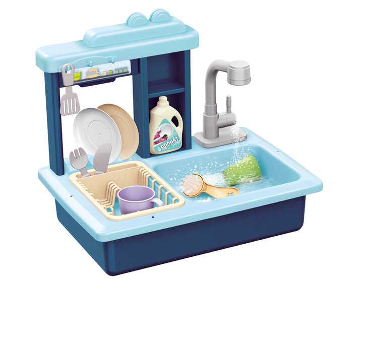 TEDDIES Dřez na mytí nádobí modrý + kohoutek na vodu na baterie s doplňky Teddies