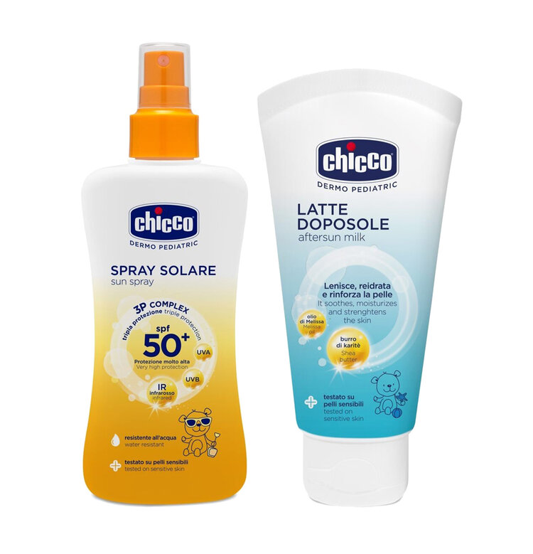 CHICCO Dětský sprej na opalování SPF 50+ 150ml + Dětské mléko po opalování 150ml Chicco