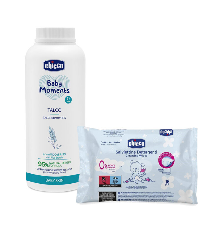 CHICCO Pudr dětský 150 g + Dětské čisticí vlhčené ubrousky