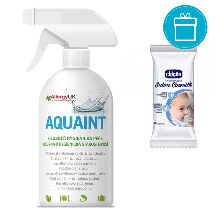 CHICCO Ubrousky vlhčené na dudlík 16 ks + AQUAINT 500 ml Aquaint