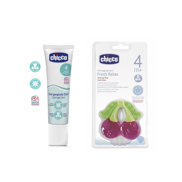 CHICCO Gel zubní uklidňující/čistící 30 ml + Kousátko chladící gelové třešně 4m+ Chicco