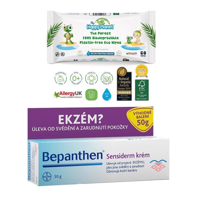 BEPANTHEN Krém Sensiderm proti ekzému 50 g + vlhčené ubrousky Happy Planet 100% BIO