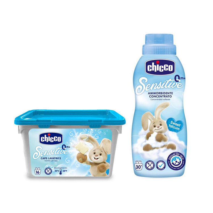 CHICCO Kapsle prací gelové Sensitive 16 ks + Aviváž konc. Sladký Pudr 750 ml Chicco