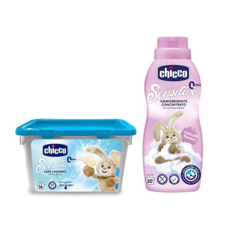 CHICCO Kapsle prací gelové Sensitive 16 ks + Aviváž konc. Květinové objetí 750 ml Chicco
