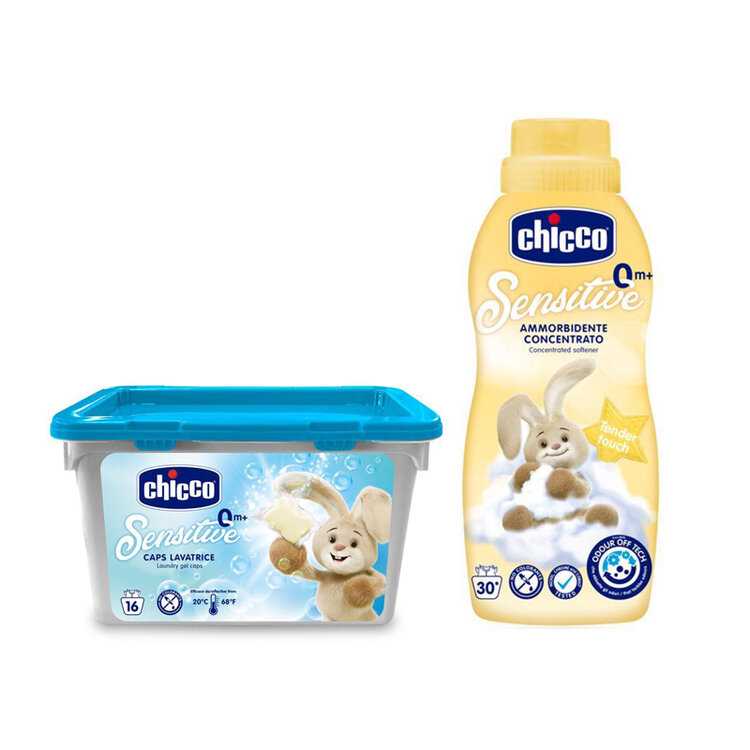 CHICCO Kapsle prací gelové Sensitive 16 ks + Aviváž konc. Jemný dotyk 750 ml Chicco