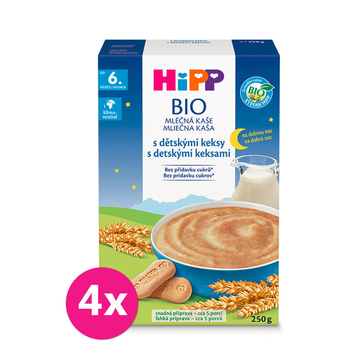 4x HiPP BIO Kaše mléčná na dobrou noc s dětskými keksy od 6. měsíce 250g HiPP