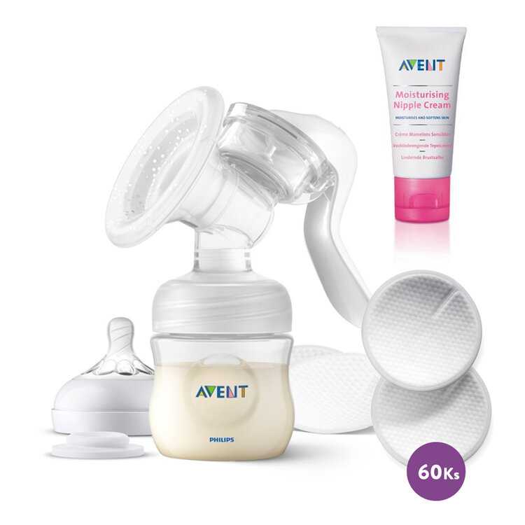 Philips AVENT Odsávačka mléka manuální + Vložky do podprsenky 60 ks + krém na bradavky Philips Avent