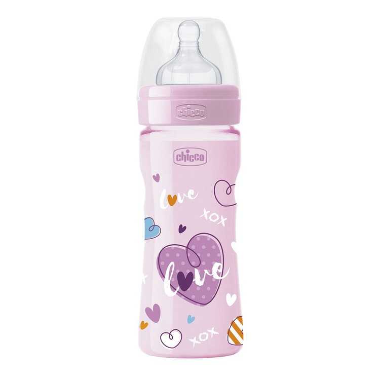 CHICCO Láhev kojenecká Well-Being LOVE silikon 250 ml dívka 2m+ Chicco