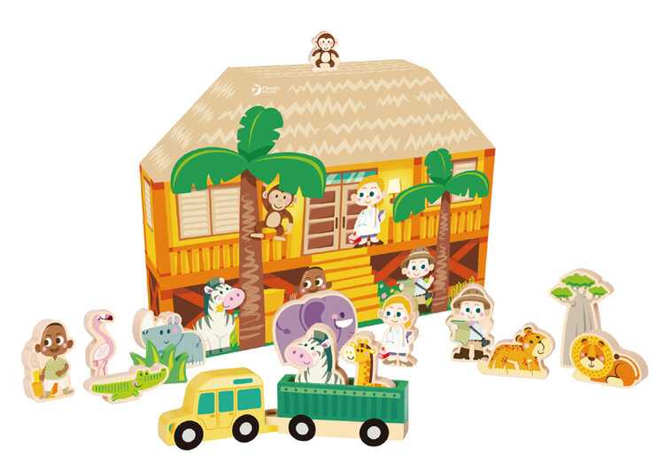 TEDDIES Safari/ZOO figurky dřevo + domeček 16 ks