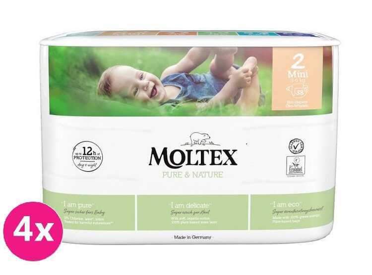 4x MOLTEX Pure & Nature Pleny jednorázové 2 Mini (3-6 kg) 38 ks - ECONOMY PACK Moltex