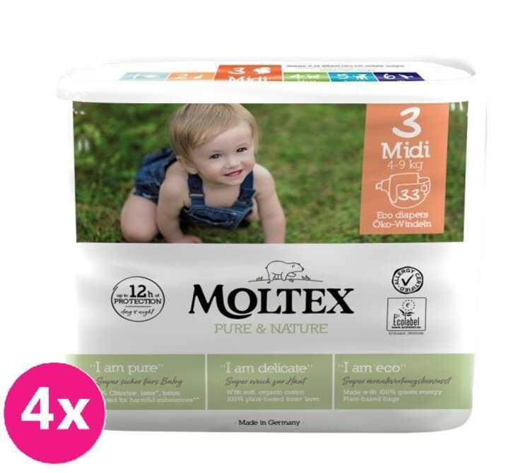 4x MOLTEX Pure&Nature Pleny jednorázové 3 Midi (4-9 kg) 33 ks - ECONOMY PACK Moltex