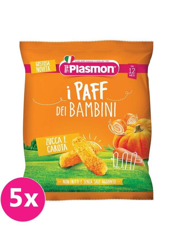 5x PLASMON Křupky zeleninové bezlepkové na cesty Paff mrkev a dýně 15 g