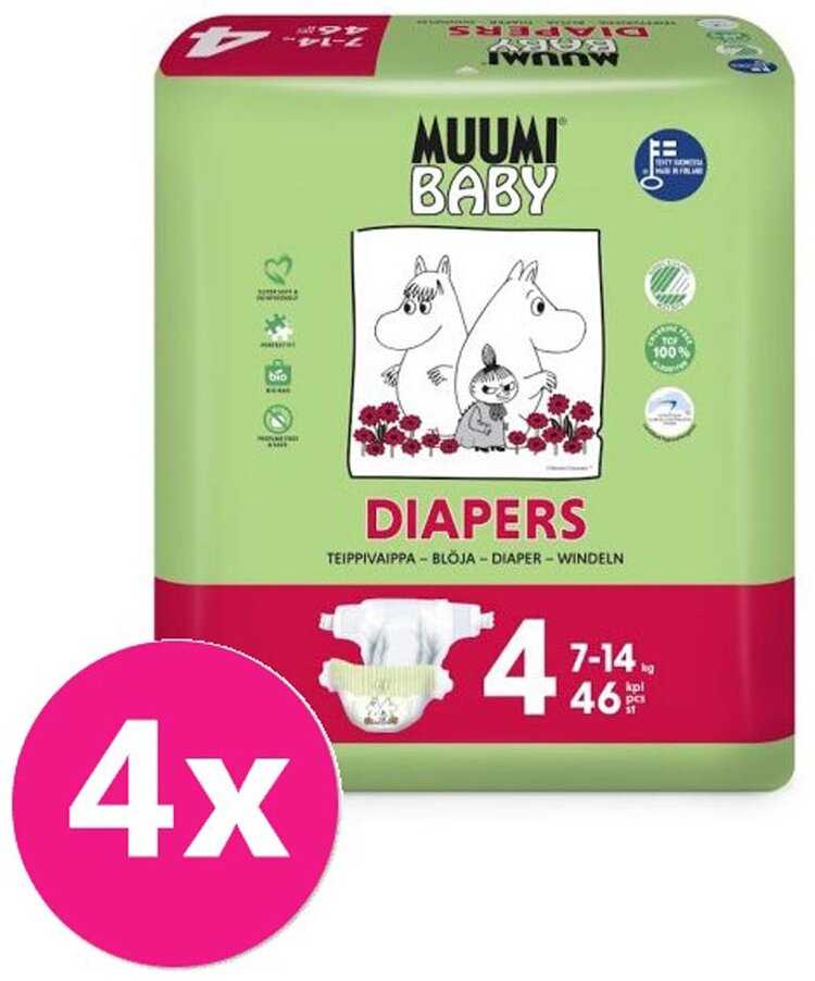 MUUMI Baby Pleny jednorázové 4 (7-14 kg) 184 ks - MĚSÍČNÍ BALENÍ Muumi