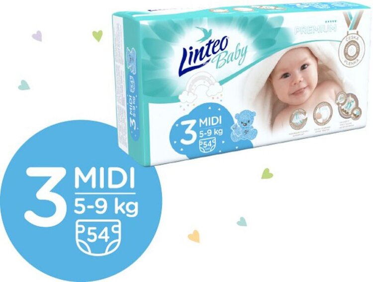 LINTEO BABY Premium Pleny jednorázové 3 MIDI (5-9 kg) 216 ks LINTEOBABY