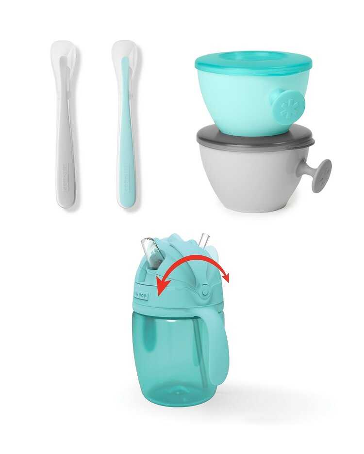 SKIP HOP Set jídelní s hrnkem 5 ks Easy-Feed Mealtime Set Teal / Grey 6m+ Skip Hop