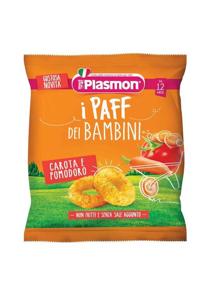 PLASMON Křupky zeleninové bezlepkové na cesty Paff rajče a mrkev 15g