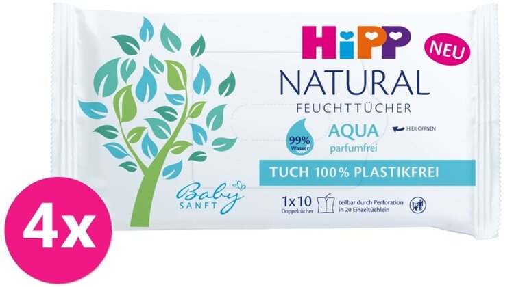 4x HiPP Babysanft Čistící vlhčené ubrousky Aqua Natural 10 ks HiPP