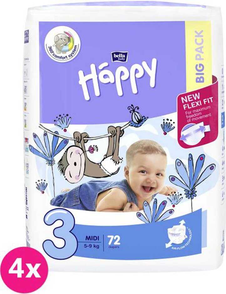 4x BELLA HAPPY Pleny jednorázové 3 Midi (5-9 kg) 72 ks - BIG PACK Bella Baby Happy