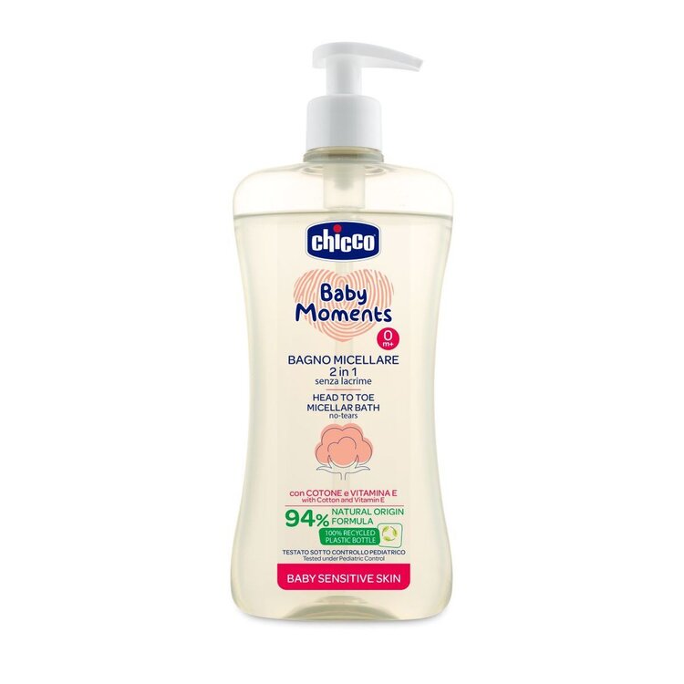 CHICCO Šampon micelární na vlasy a tělo s dávkovačem Baby Moments Sensitive 94% přírod. složek 500ml Chicco