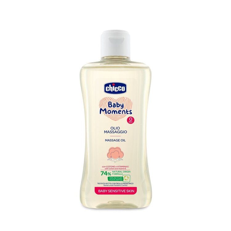 CHICCO Olej masážní s bavlnou a vitamínem E Baby Moments Sensitive 74 % přírodních složek 200 ml Chicco