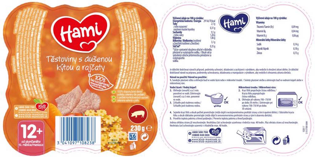 6x HAMI Malý Gurmán: Těstoviny s dušenou kýtou a rajčaty (230 g) Hami