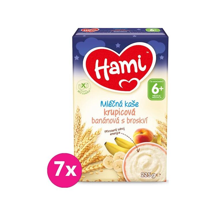 7x HAMI Kaše mléčná krupicová banánová s broskví na dobrou noc 225 g Hami