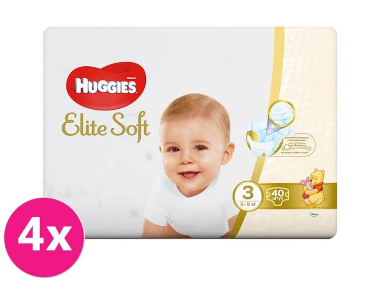 4x HUGGIES Elite Soft Pleny jednorázové 3 (5-9 kg) 40 ks Huggies