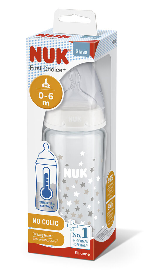 NUK FC+ Lahev skleněná s kontrolou teploty 240 ml - bílá Nuk