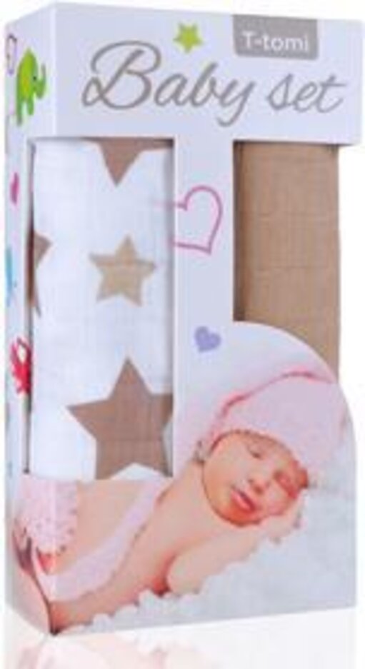 T-TOMI Baby set - osuška bambusová hvězdičky + osuška bambusová béžová T-Tomi