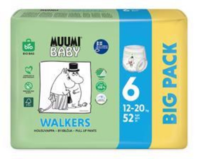 MUUMI Baby Walkers Kalhotky plenkové jednorázové 6 (12-20 kg) 52 ks - BIG PACK Muumi