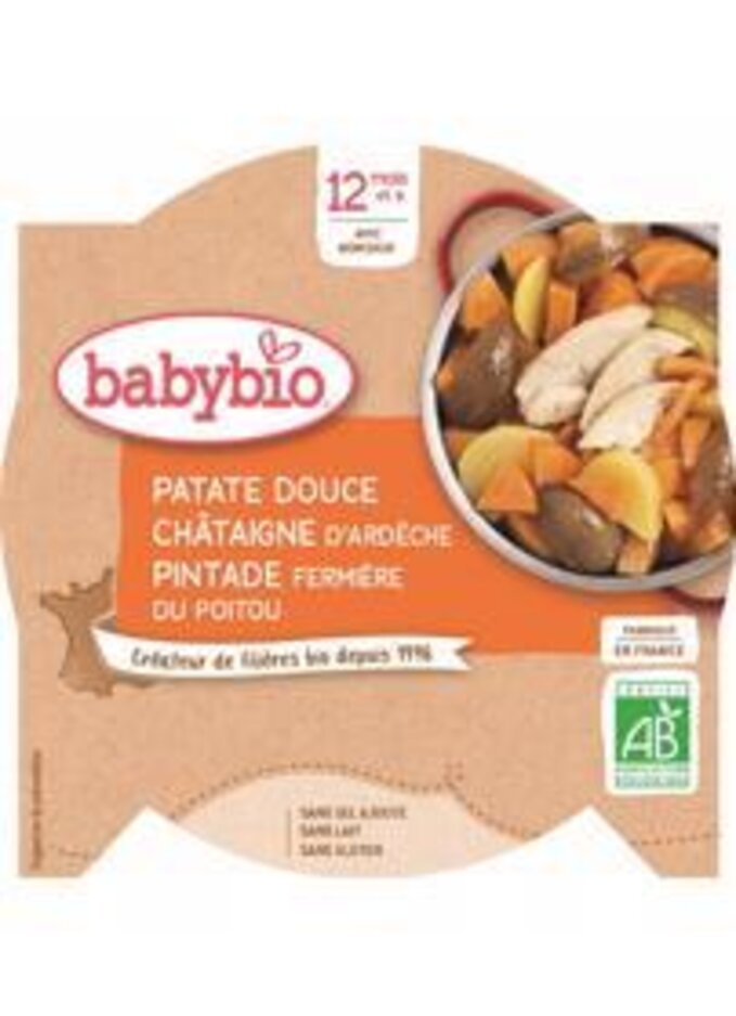 BABYBIO Sladké brambory s kaštanovým pyré a farmářskou perličkou (230 g) - masozeleninový příkrm Babybio