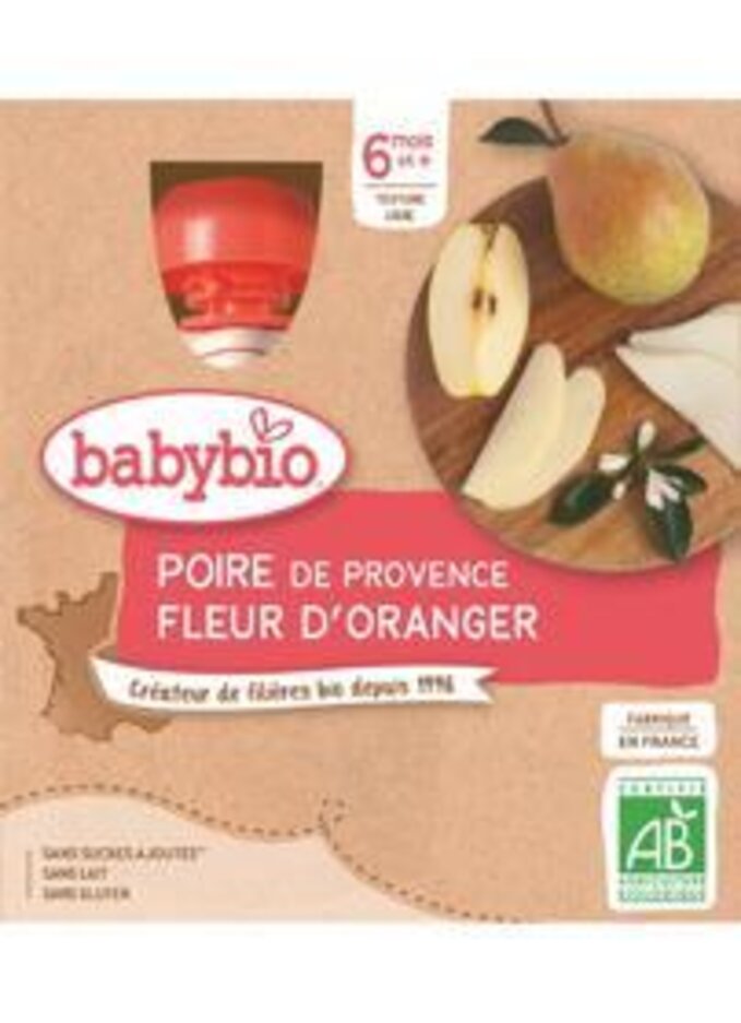 BABYBIO Hruška pomerančový květ (4x 90 g) - ovocný příkrm Babybio