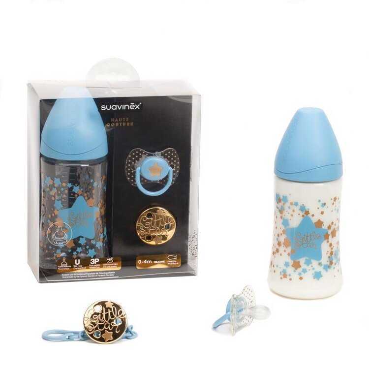 SUAVINEX Set Haute Couture láhev 3 poziční 270 ml+klip+dudlík 0-4m - kluk Suavinex