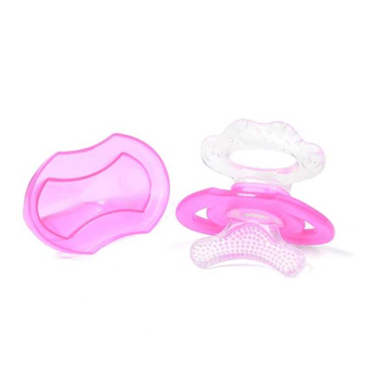 BABYONO Kousátko silikonové bez BPA ve tvaru dudlíku s krytem růžová 3 m+ BabyOno