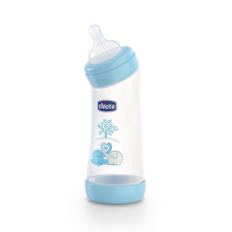 CHICCO Láhev zahnutá bez BPA Well-Being silikonový dudlík modrá 250 ml Chicco