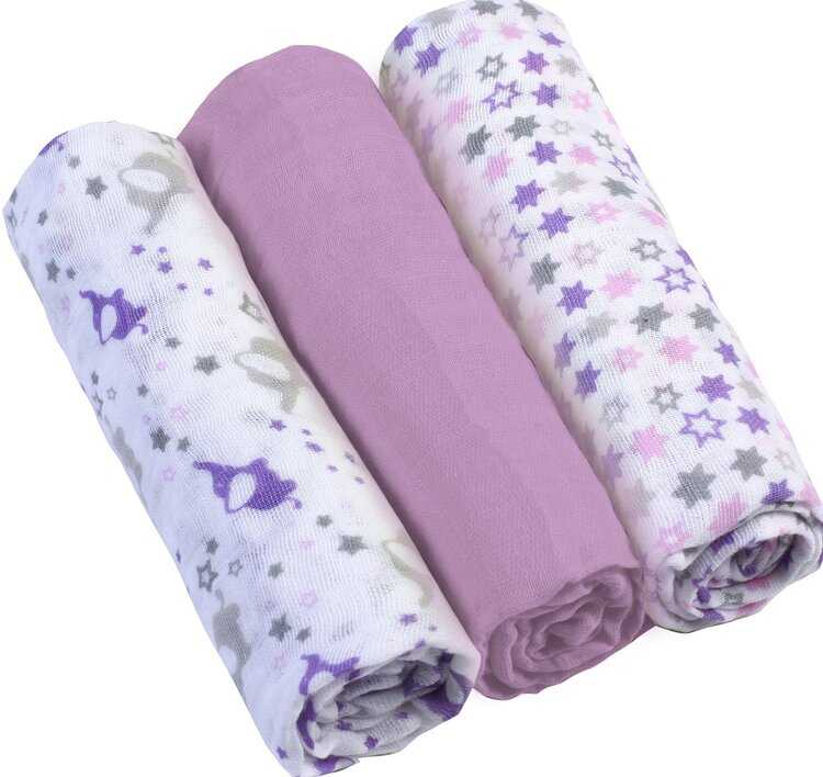 BABYONO Pleny mušelínové - Super soft 3 ks - Fialové BabyOno