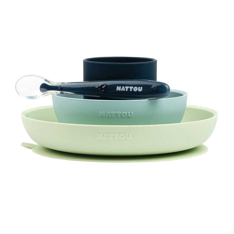NATTOU Set jídelní silikonový zeleno modrý bez BPA 4 ks Nattou