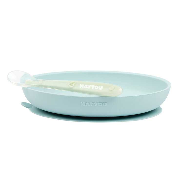 NATTOU Set jídelní silikonový 2 ks talíř a lžička mint bez BPA Nattou