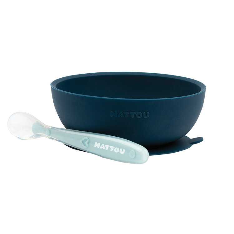 NATTOU Set jídelní silikonový miska a lžička modrý bez BPA 2 ks Nattou