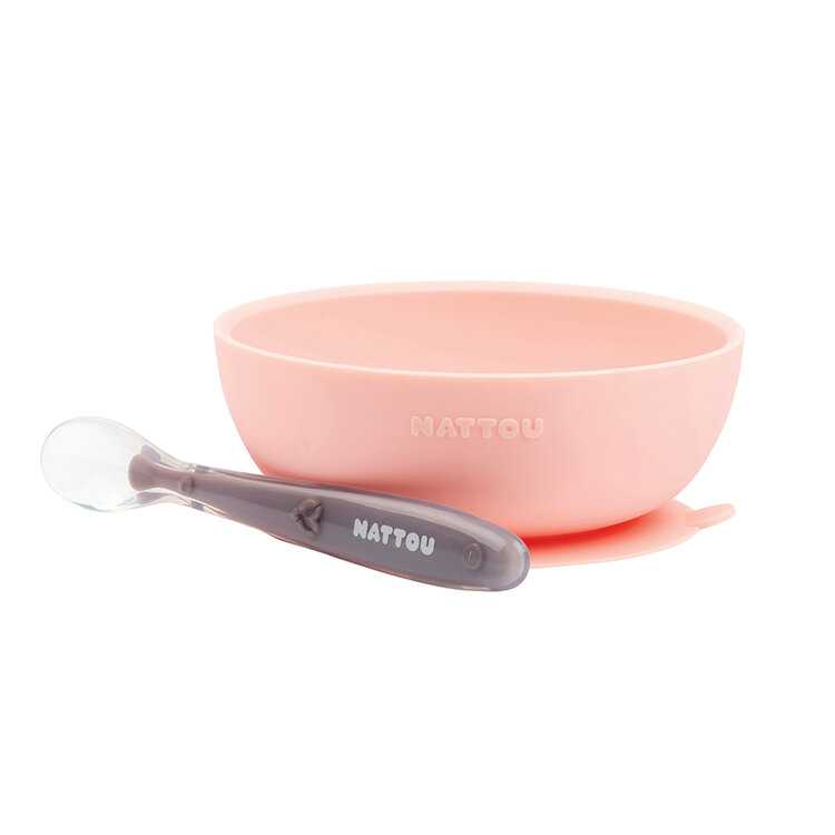 NATTOU Set jídelní silikonový miska a lžička růžový bez BPA 2 ks Nattou