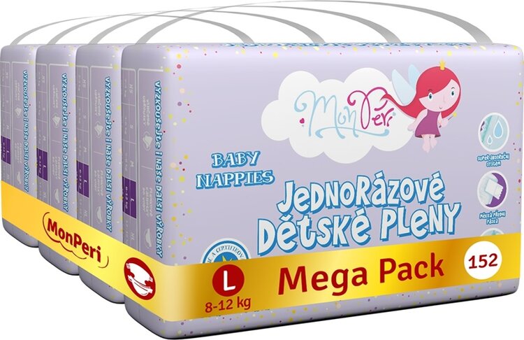 MONPERI Klasik Pleny jednorázové L (8-12 kg) 152 ks - Mega Pack Monperi