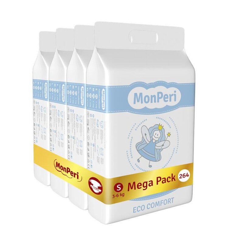 MONPERI Eco Comfort Pleny jednorázové S (3-6 kg) 264 ks - Mega Pack Monperi