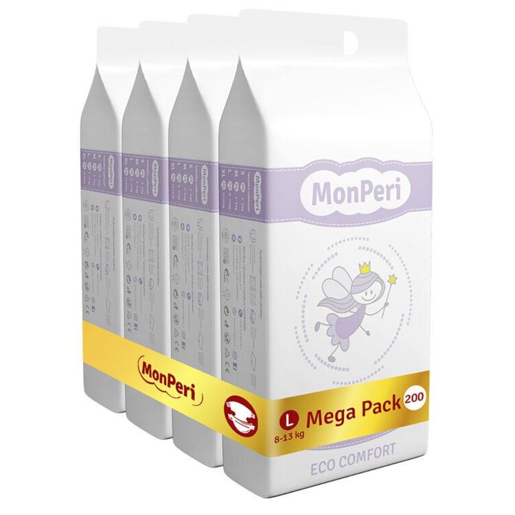 MONPERI Eco Comfort Pleny jednorázové L (8-13 kg) 200 ks - Mega Pack Monperi