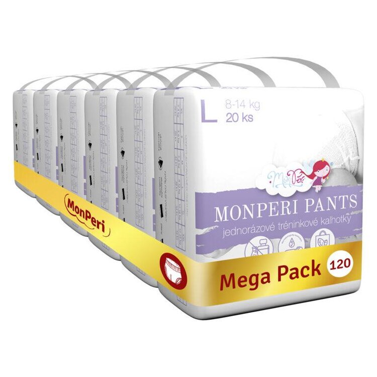 MONPERI PANTS Kalhotky plenkové jednorázové L (8-14 kg) 120 ks - Mega Pack Monperi