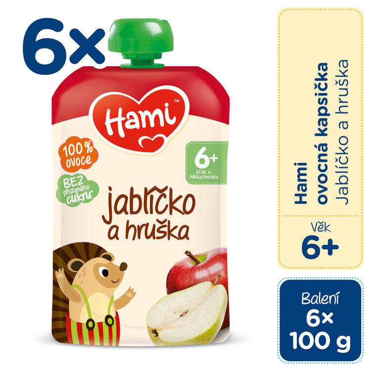 6x HAMI Kapsička ovocná Jablíčko a hruška 100 g