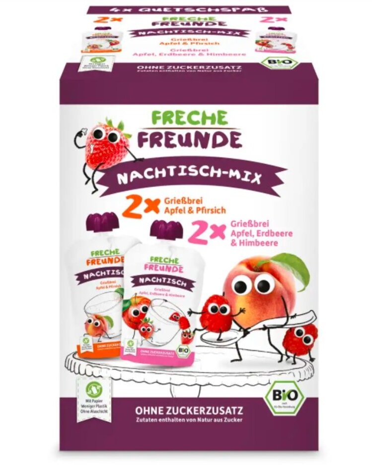 4x FRECHE FREUNDE BIO MIX 2 druhy Krupice s jablkem/jahodou/malinou a Krupica s Jablkem/broskví 100 Freche freunde