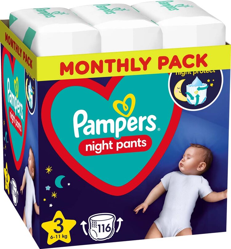 PAMPERS Night Pants Kalhotky plenkové jednorázové 3 (6-11 kg) 116 ks - MĚSÍČNÍ ZÁSOBA Pampers